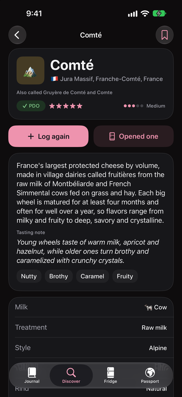 Cheese Lover page for Comté with its region, protected origin, strength, description, tasting note and flavors