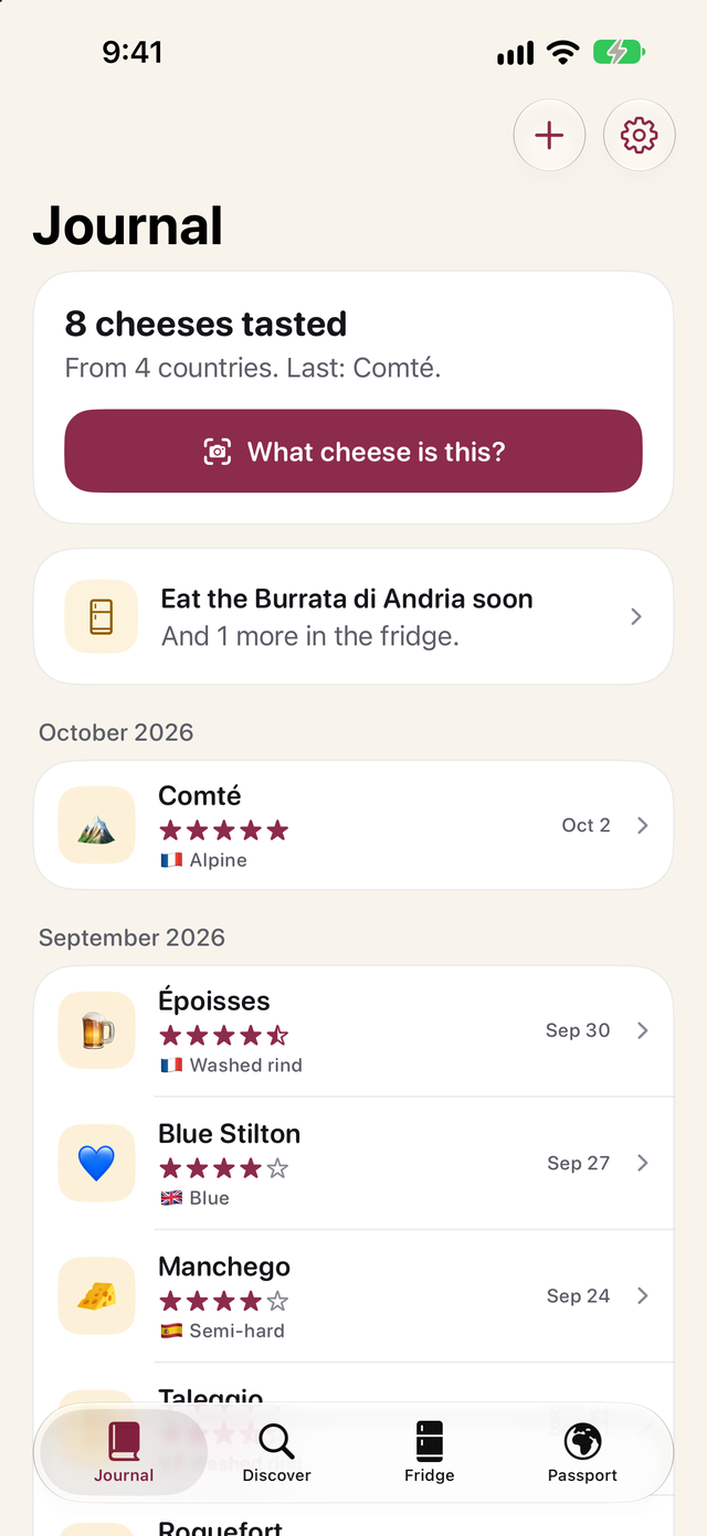 Cheese Lover Journal with eight cheeses tasted, an eat-soon reminder and recent tastings with star ratings