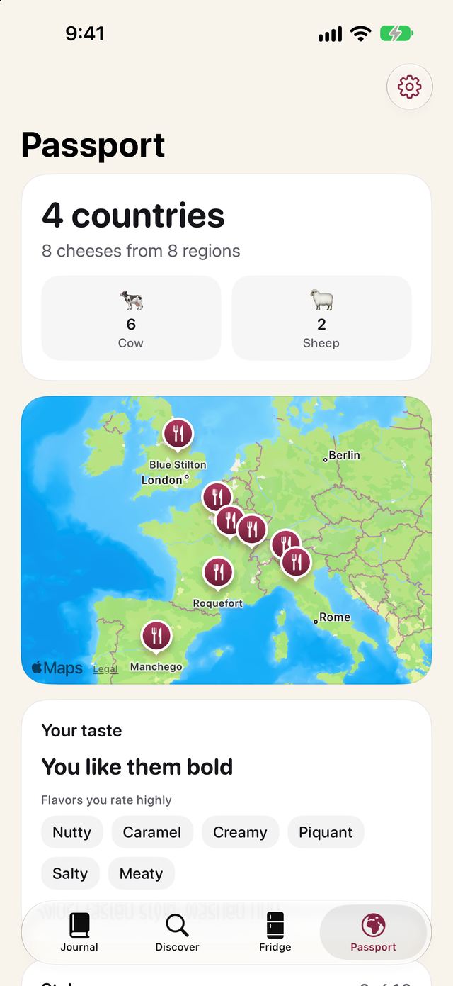 Cheese Lover Passport with four countries tasted on a map of Europe and a taste profile of favorite flavors