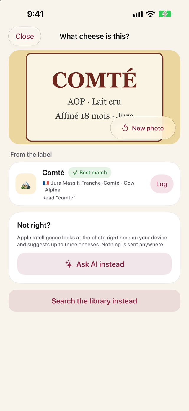 Cheese Lover scanner reading a Comté label, with Comté as the best match from the label and an Ask AI instead button